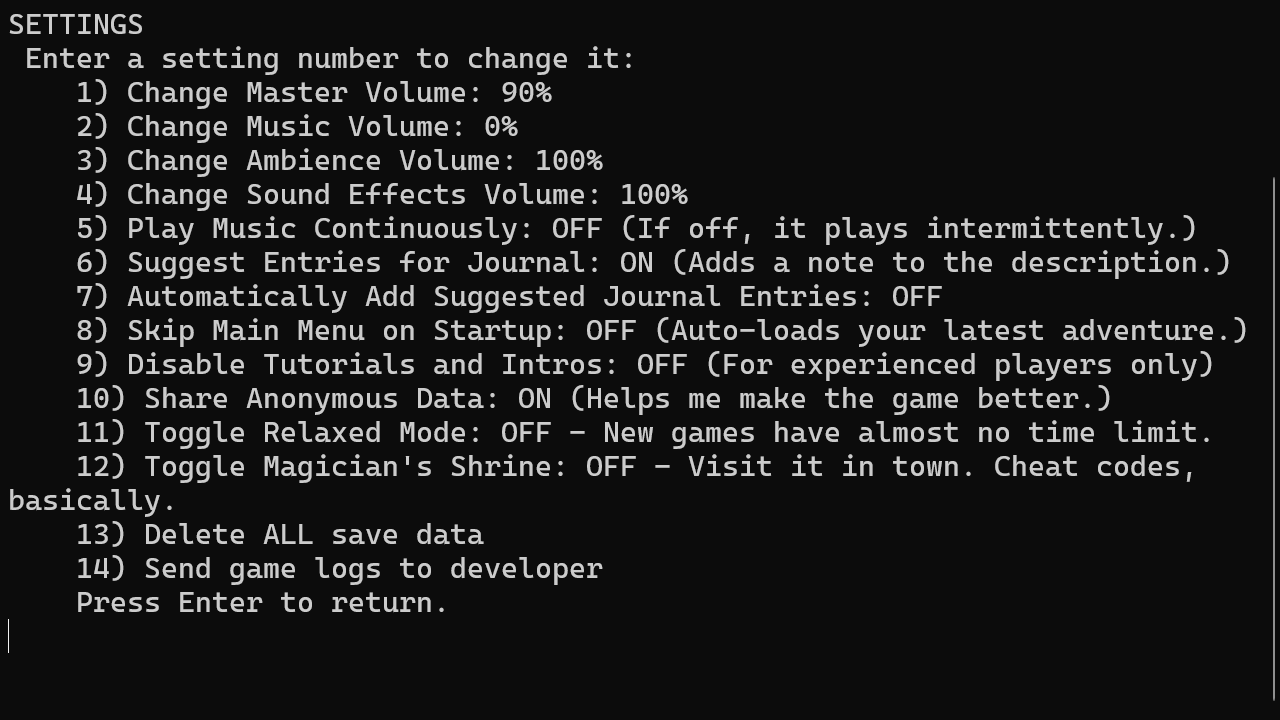 Screenshot of the settings menu in the command line version, described below