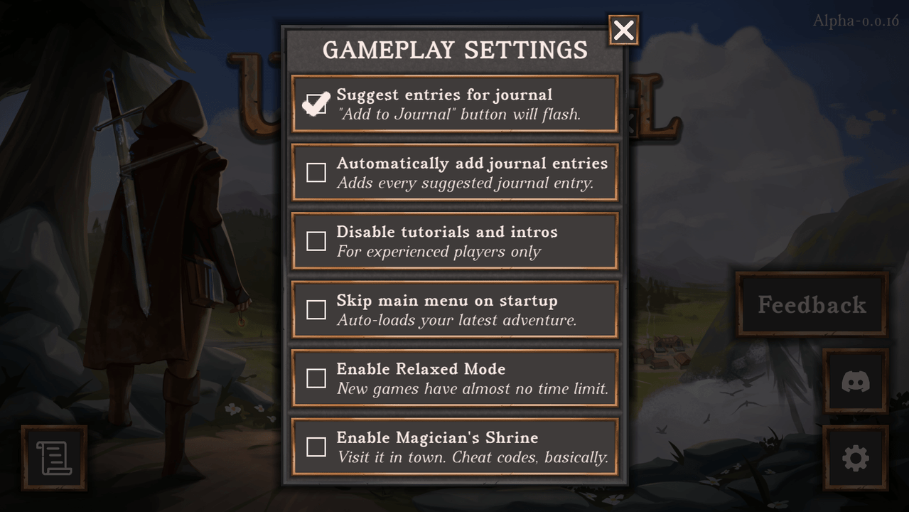 Screenshot of the gameplay settings menu in the graphical version, described below