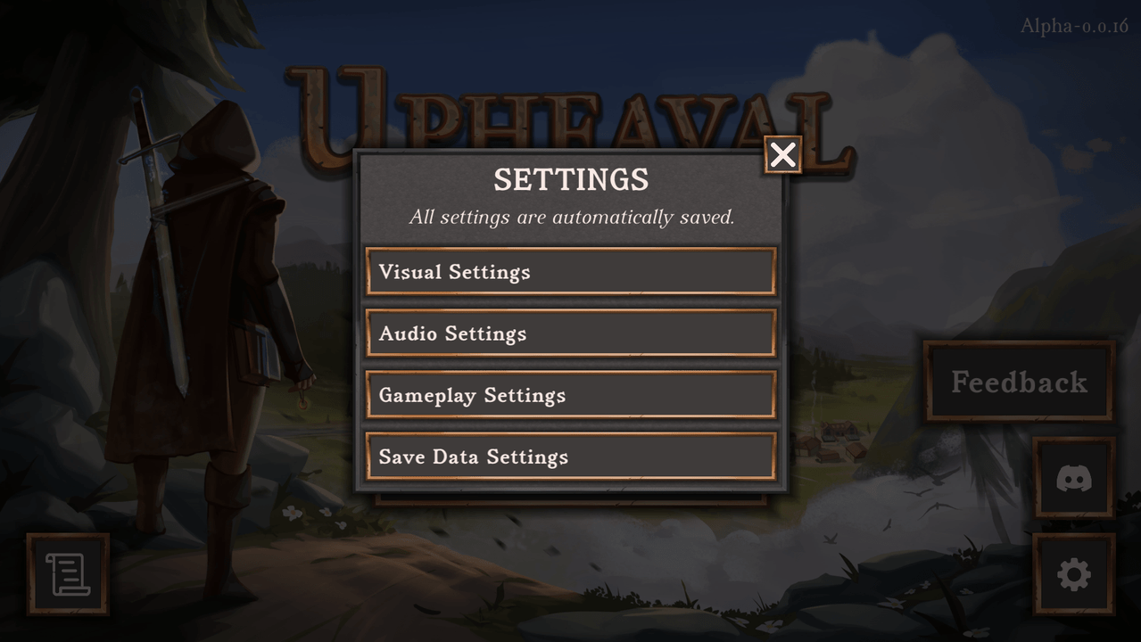 Screenshot of the settings menu in the command line version, with four buttons: Visual Settings, Audio Settings, Gameplay Settings, and Save Data Settings, each of which is described below separately