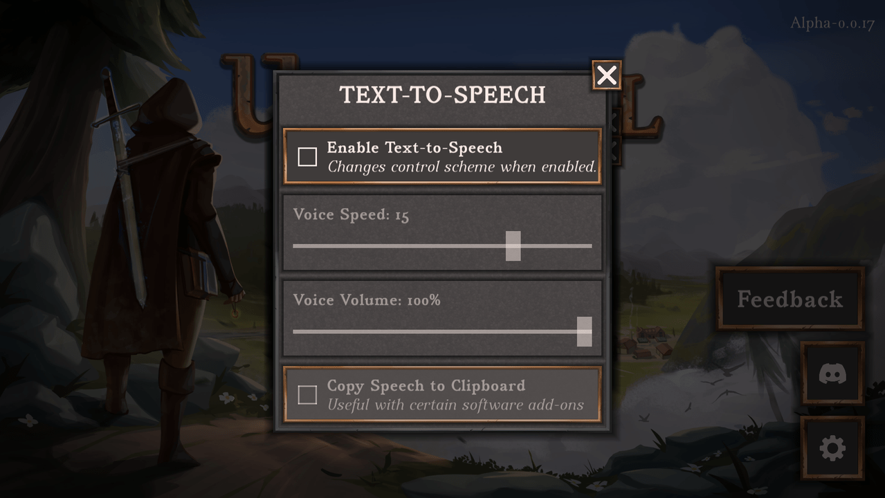 Screenshot of the text-to-speech settings menu in the graphical version, described below