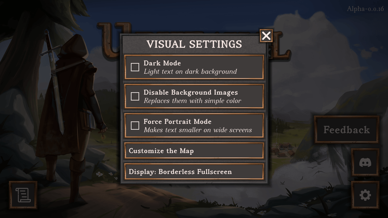 Screenshot of the visual settings menu in the graphical version, described below