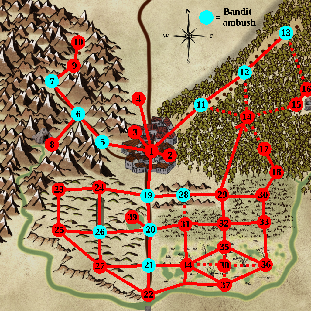 A map of the places in Upheaval that bandits might ambush you