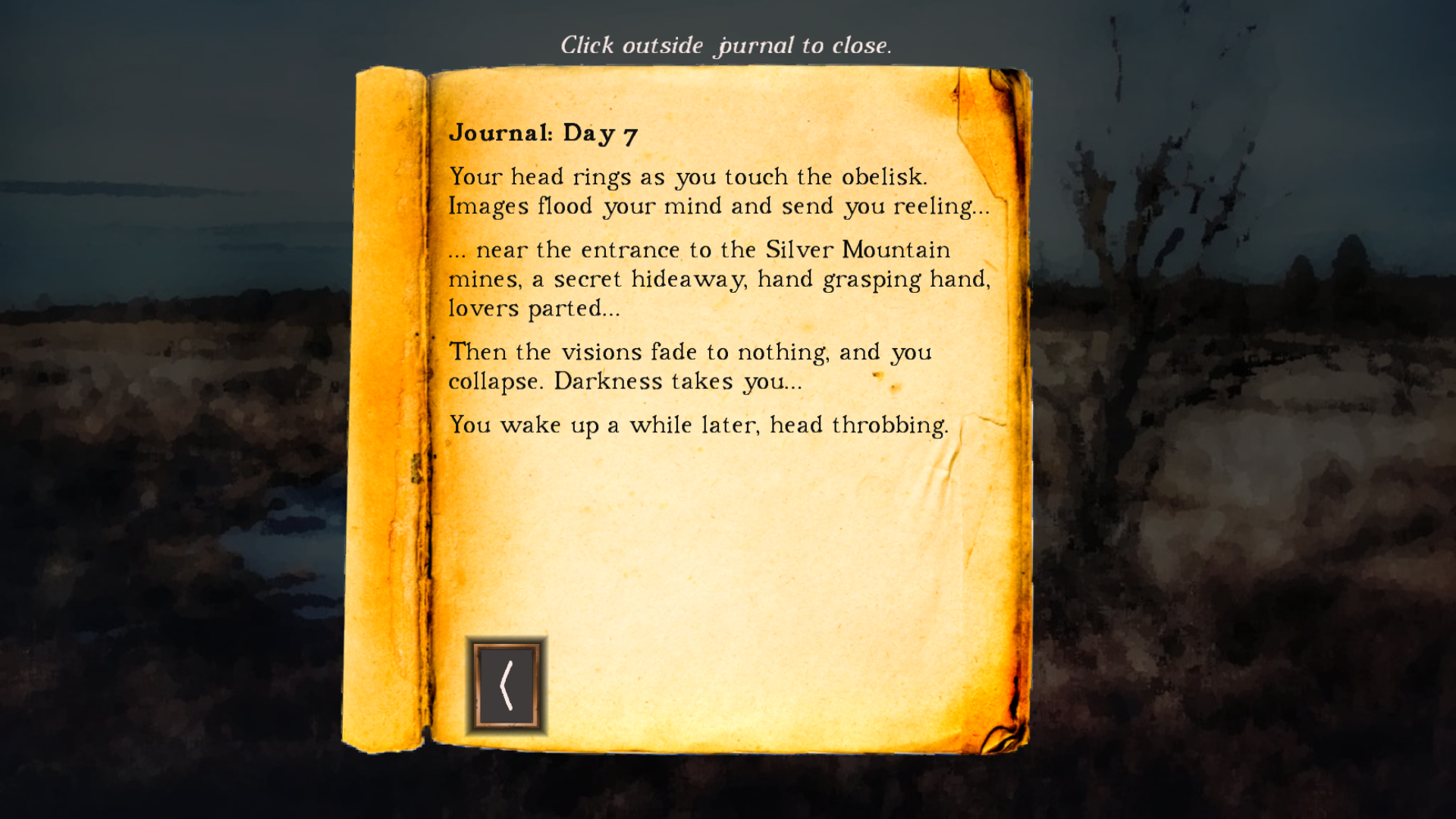 Screenshot of the new journal graphic: The journal entry shows the player seeing a vision after touching the obelisk